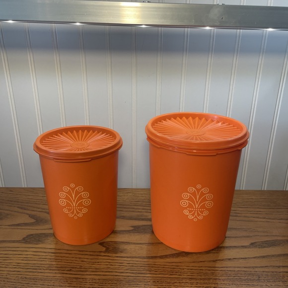 VTG Tupperware Lot 2 Nesting Canisters Servalier Lids Harvest Orange Starburst - Picture 1 of 10